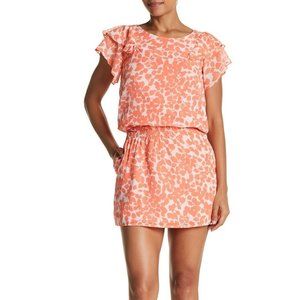 VERTIGO Size Small Coral White Dress with Ruffle Shoulder